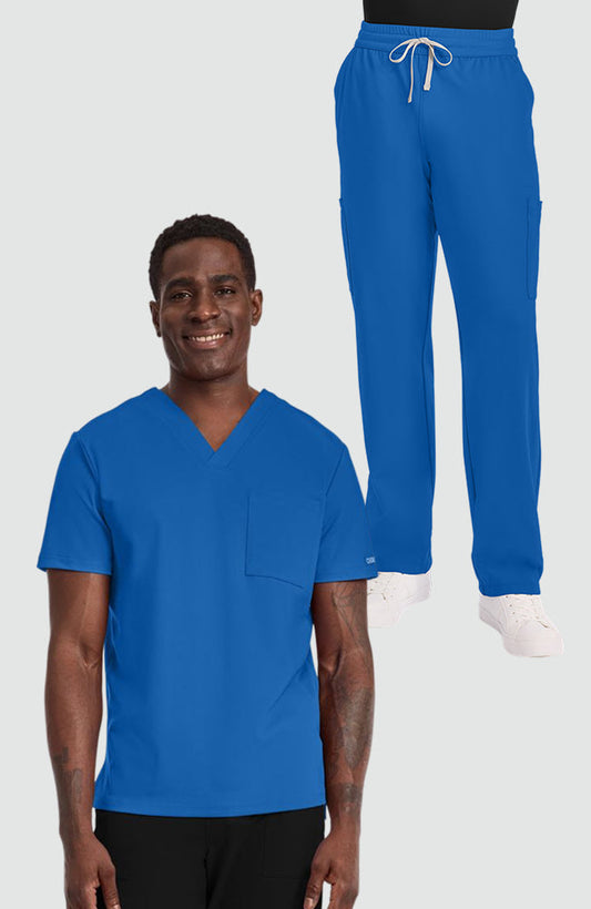 Men's Scrub Set: Tuck-In Chest Pocket V-Neck Scrub Top & 5-Pocket Straight Leg Scrub Pant