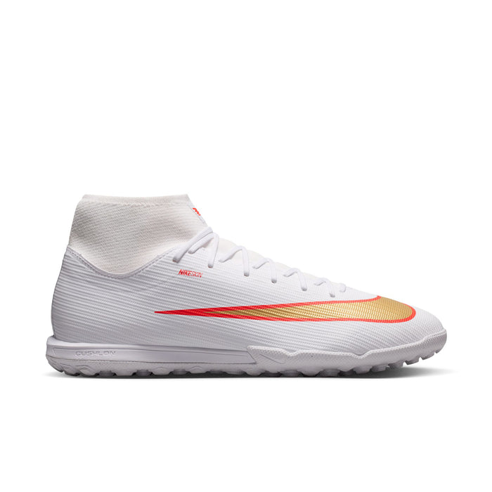 Men's white Nike turf soccer cleats with red and orange swoosh, low-cut ankle
