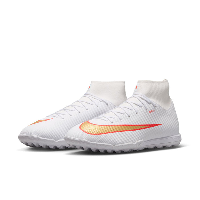 Men's white Nike turf soccer cleats, white laces and red-orange swoosh side panel