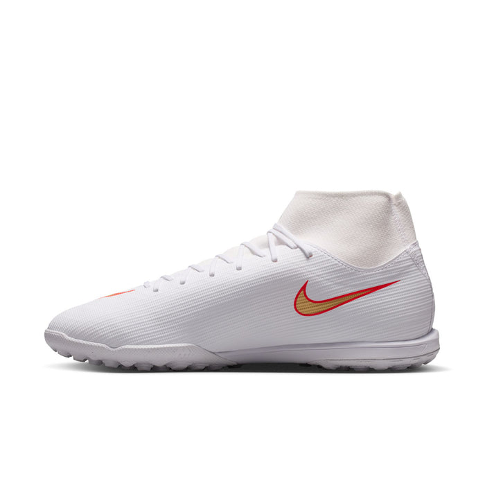 Men's white Nike turf soccer cleat with red swoosh and molded rubber studs