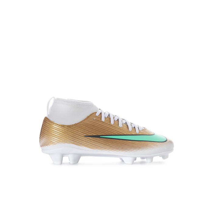 Kids metallic gold football cleat, white collar, teal swoosh, FG/MG studs