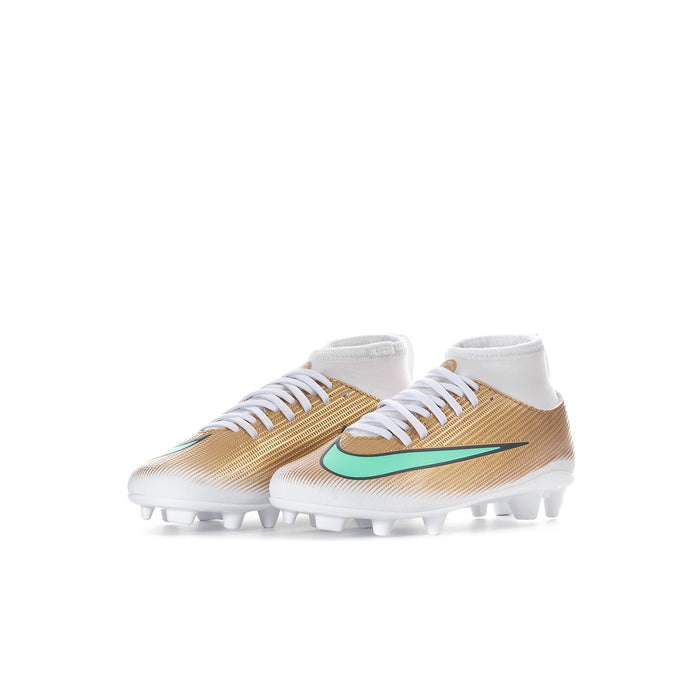 Kids metallic gold mid-cut football cleats with teal swoosh and white laces