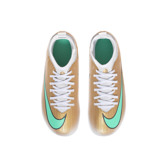 Kids football cleats, metallic gold upper, teal accents, white laces and tongue