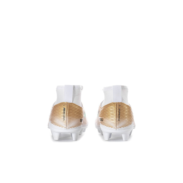 Kids metallic gold football cleats with white sock collar and white stud sole