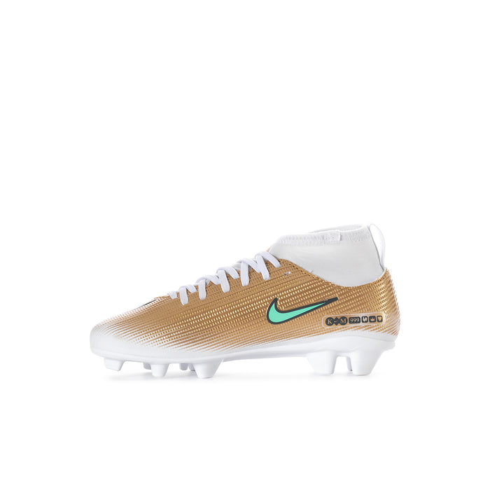 Kids metallic gold football cleat with teal swoosh, white laces, textured upper