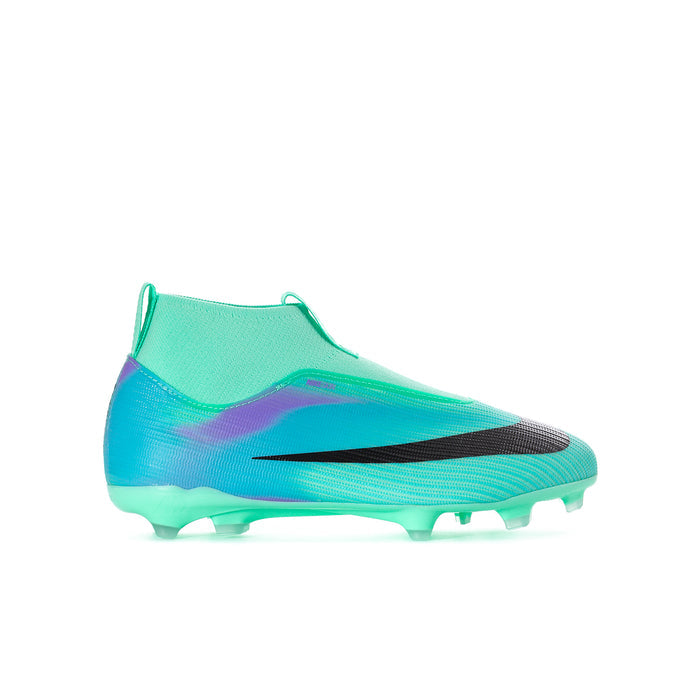 Youth soccer cleat in bright teal with black Nike swoosh and studded outsole