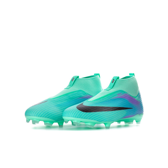Youth mid-cut soccer cleat, bright teal with black swoosh and purple side accent