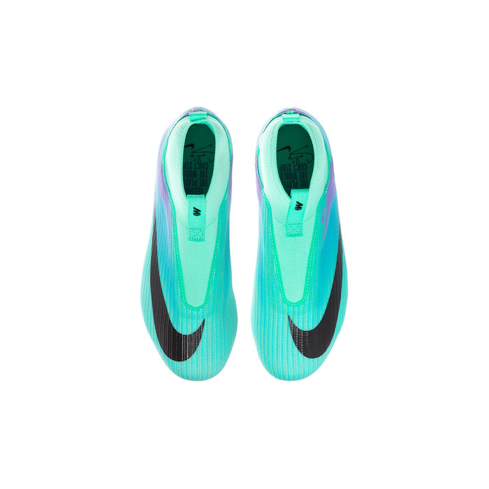 Youth soccer cleats, matching bright teal uppers with black Nike swoosh on both shoes