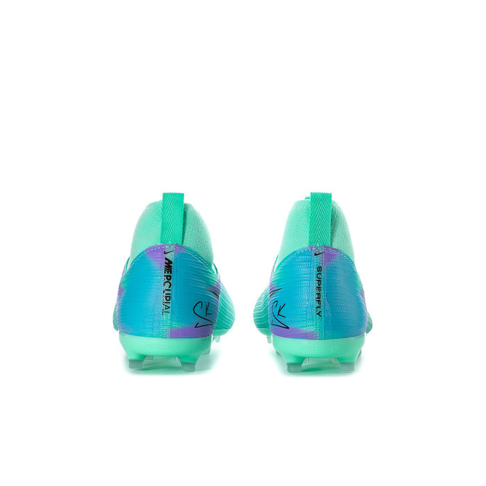 Youth soccer cleats from heel view, bright teal with purple graphics and studded sole
