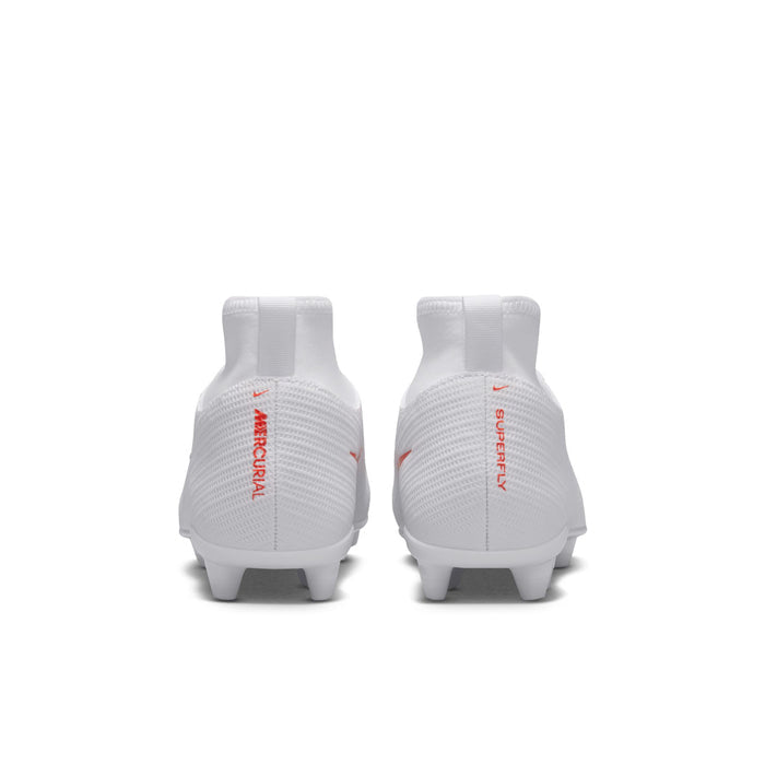 Youth soccer cleats, heel view, white with orange logo and FG/MG stud sole