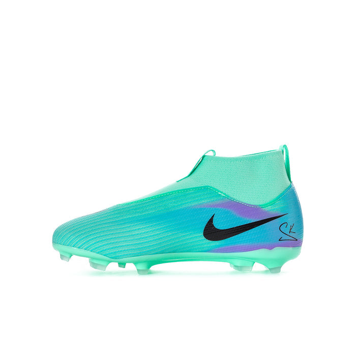 Youth soccer cleat, bright teal upper with black Nike swoosh and purple side panel