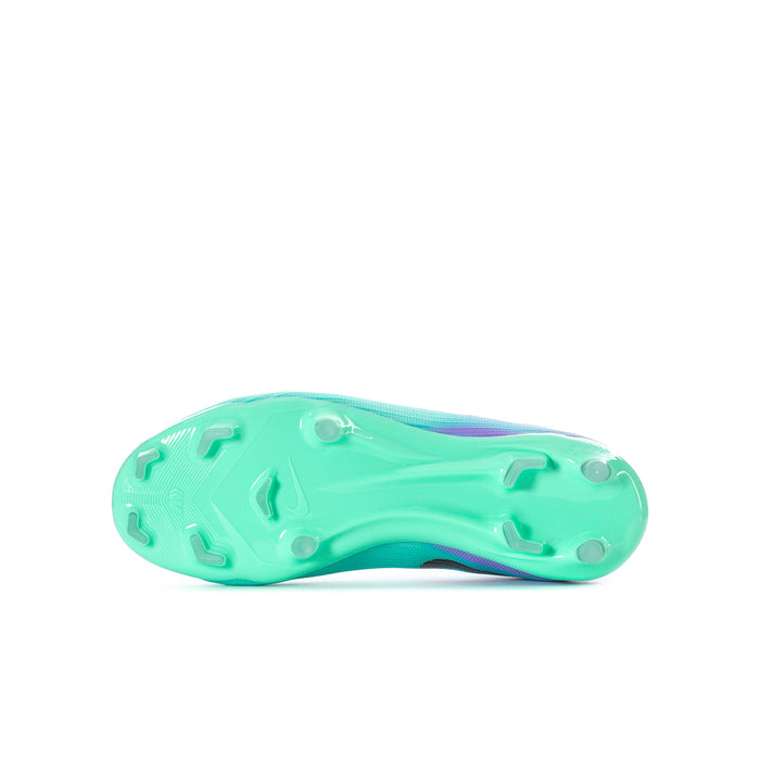 Bottom view of youth soccer cleat outsole in bright teal with molded studs