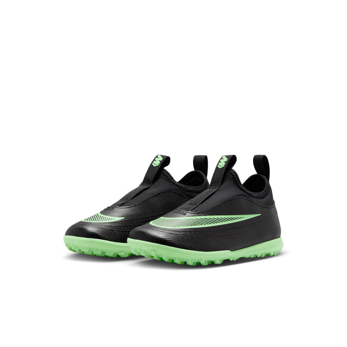 Kids black soccer cleats with green stripe accents, padded collar, turf-style sole