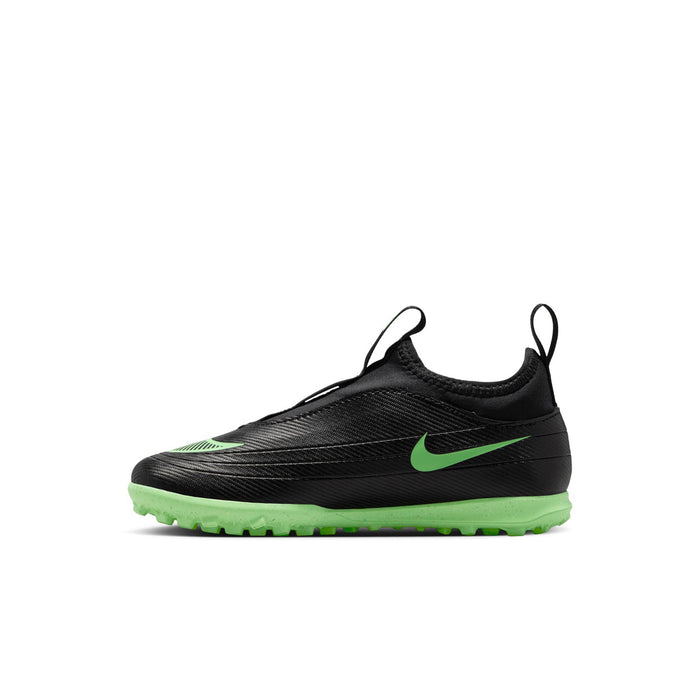Kids black soccer cleats with green Swoosh, streamlined upper, turf outsole