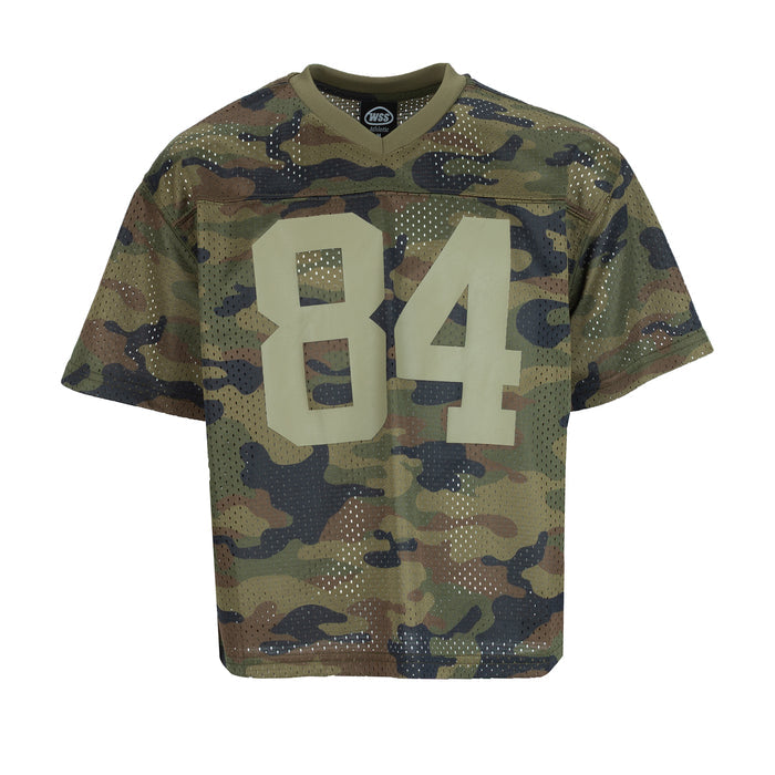 Youth mesh football jersey, camo print, 84 graphic on front, crew neck