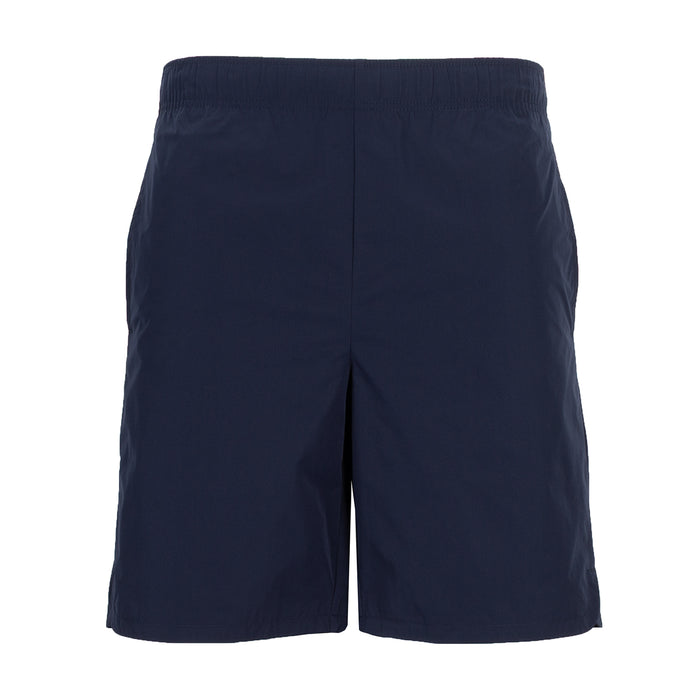 Men's navy woven short with elastic waistband and straight hem.