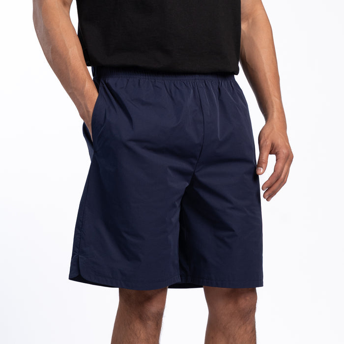 Men's navy woven shorts, front view with elastic waistband and side pockets.