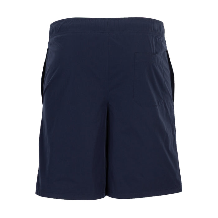 Men's navy woven shorts with elastic waistband, center seam, and knee-length hem.