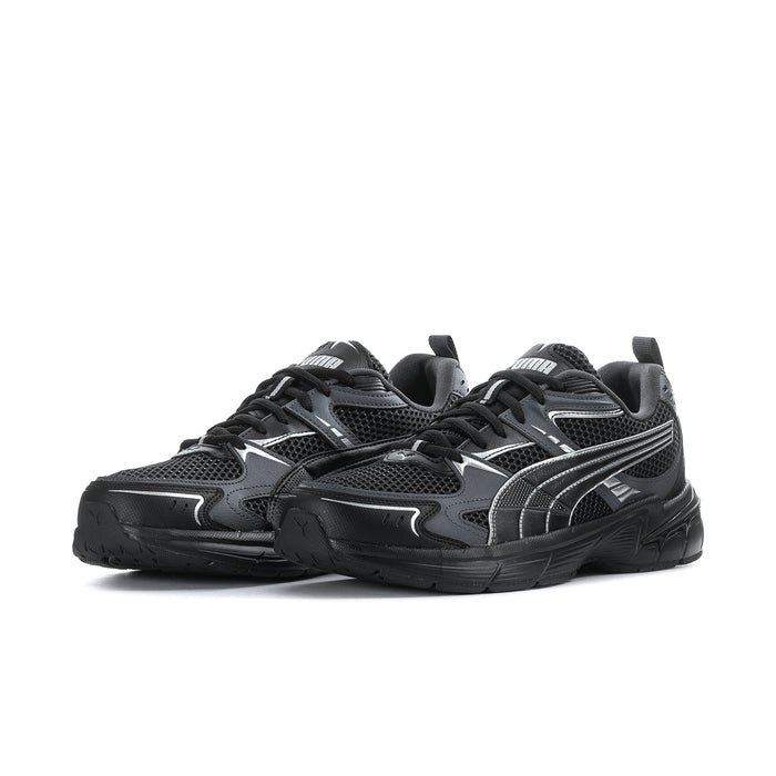 Men's Puma lace-up running shoes, side view, black with gray accents and silver stripes