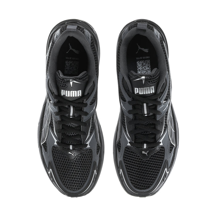Men's Puma running shoes, front view, black mesh upper with PUMA branding on tongue