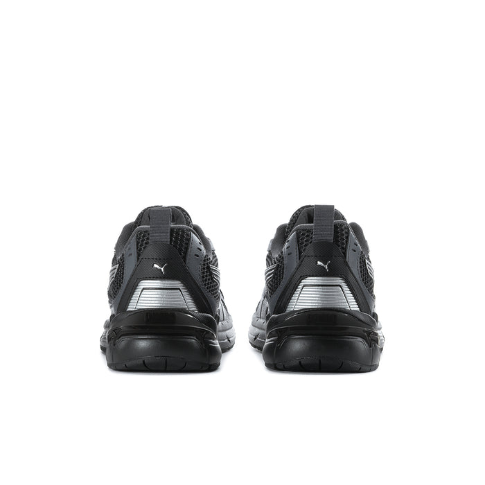 Men's Puma running shoes, heel view, black with gray panels and cushioned midsole