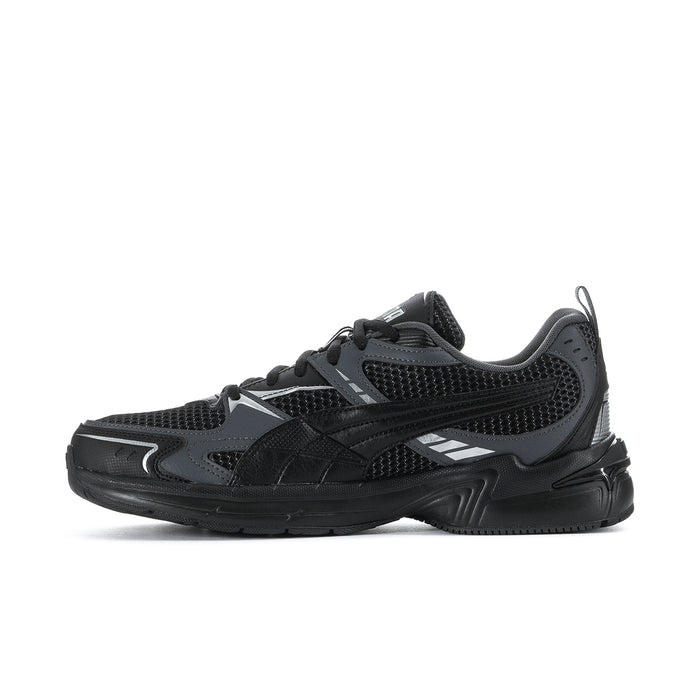 Men's Puma two-tone running shoes, angled side view, black upper with silver midfoot stripe