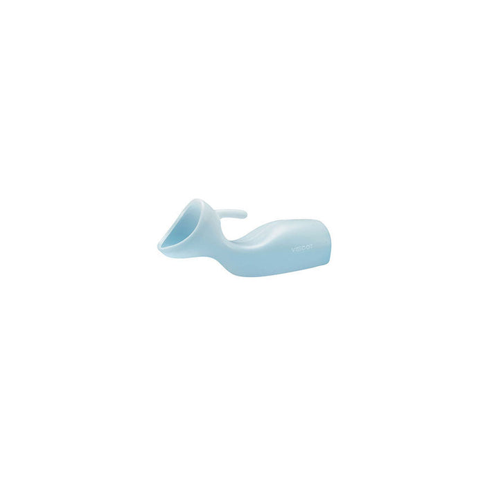 A pale blue, plastic female urinal is centered on a white background.