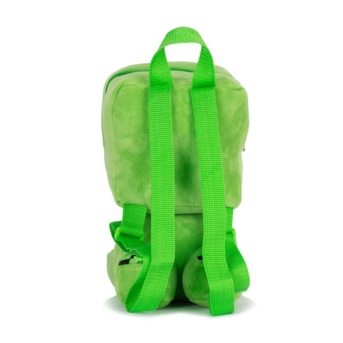 Green plush backpack with adjustable front straps and small pixel detail on bottom