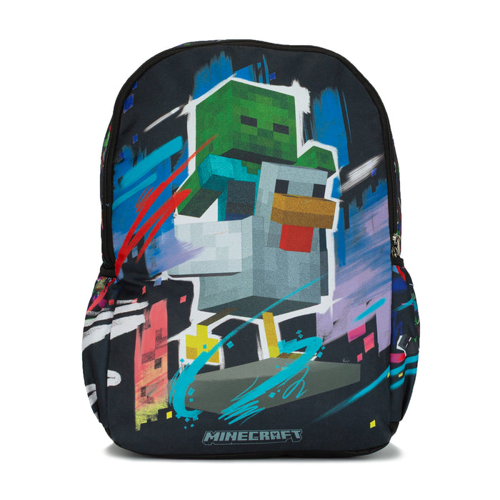 Kids wrap-around backpack with block-game character graphic and top zipper