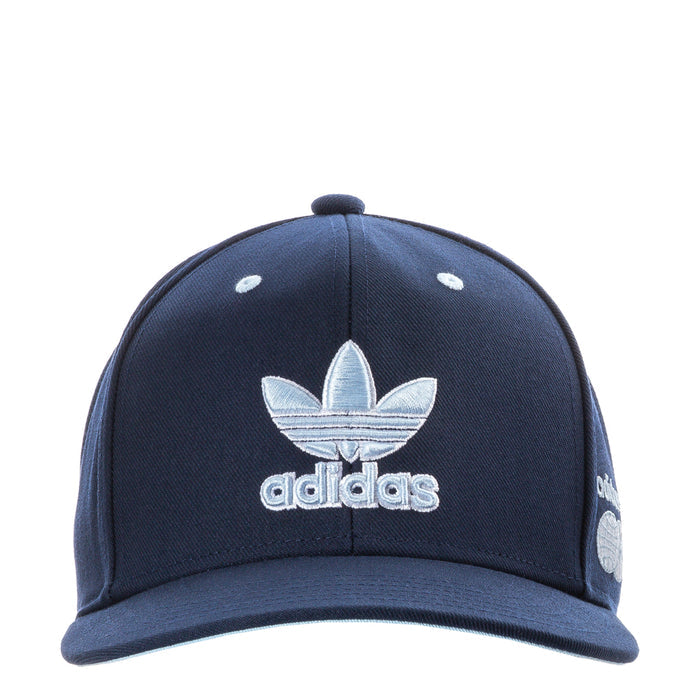 Dark navy structured snapback cap with adidas trefoil and logo, adjustable back strap