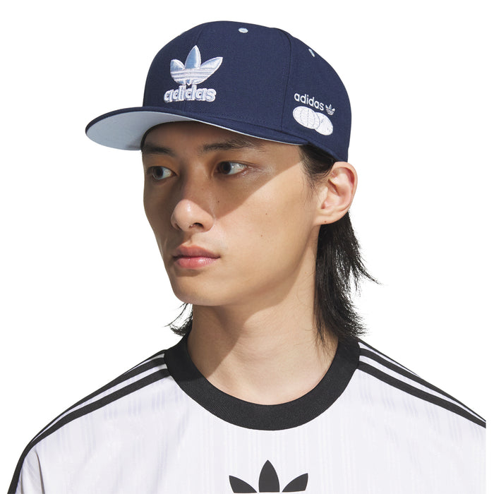 Navy snapback cap with adidas trefoil and side adidas mark