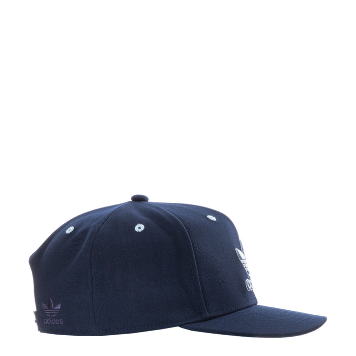 Navy structured snapback cap, curved brim, adidas trefoil and small logo