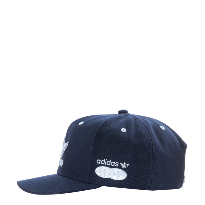 Navy snapback cap with adidas logo patch and trefoil graphic on front