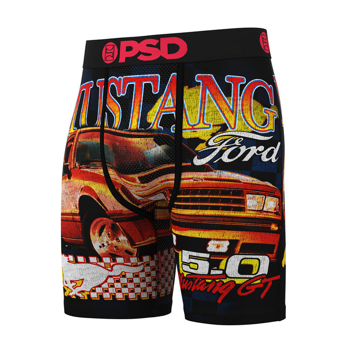 Men's black boxer briefs with Mustang lettering, Ford script, and car artwork