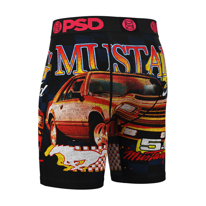 Men's black boxer briefs featuring large Mustang graphic and PSD logo