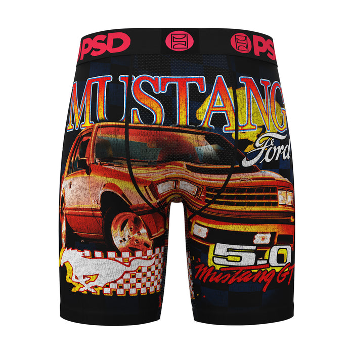 Men's black boxer briefs with Mustang GT car print and front fly detail