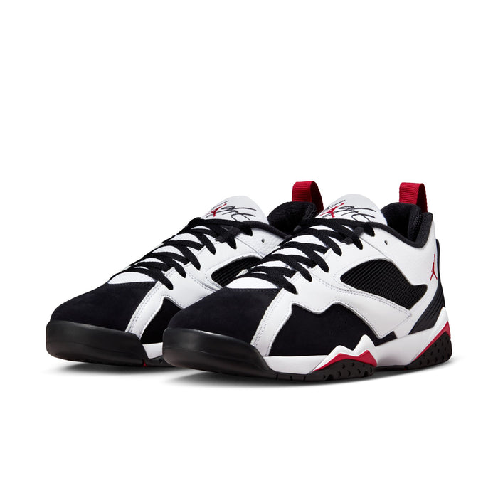 Men's basketball sneakers, white/black uppers with red heel tabs and lace-up