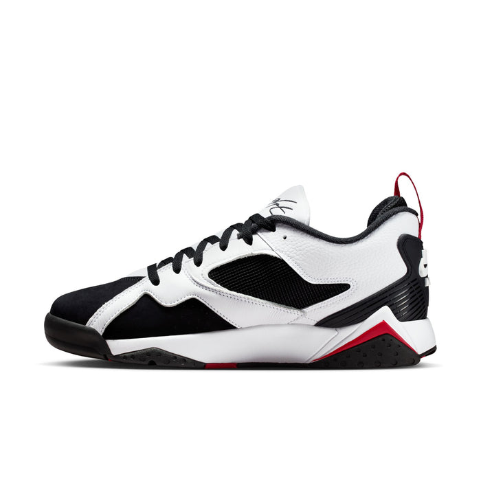 Men's basketball sneakers, white upper with black panels and red-and-black midsole