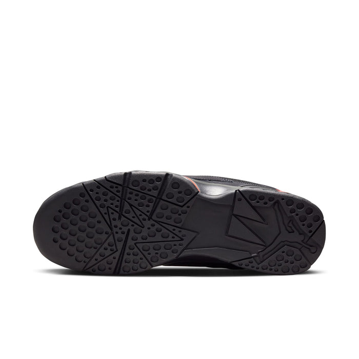 Outsole view of black sneakers with patterned tread and dark rubber traction pads