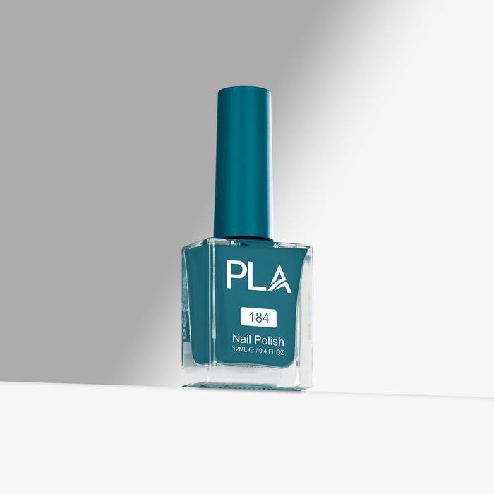 Teal nail polish bottle with 'PLA' branding on a gray background