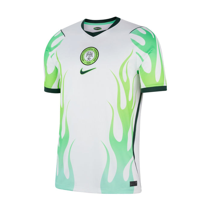 White Nigeria away replica jersey with green flame pattern, Nike logo, and round badge.