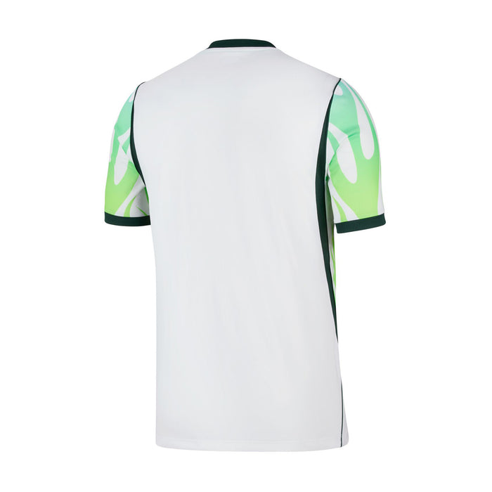 White short-sleeve football jersey with green flame sleeve panels and black neckline trim.