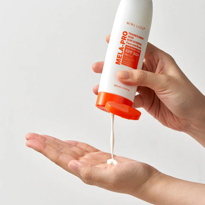 NINELESS mela pro tranexamic acid sunscreen face and body sun protection spf 50 + pa +++ واقي الشمس بالترانزاميك اسد من ناين ليس