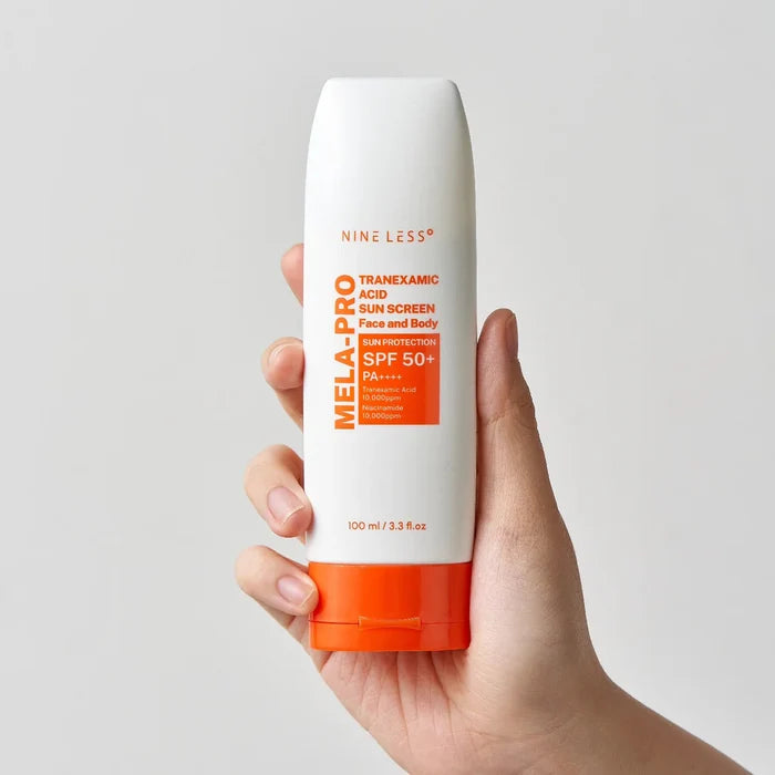 NINELESS mela pro tranexamic acid sunscreen face and body sun protection spf 50 + pa +++ واقي الشمس بالترانزاميك اسد من ناين ليس