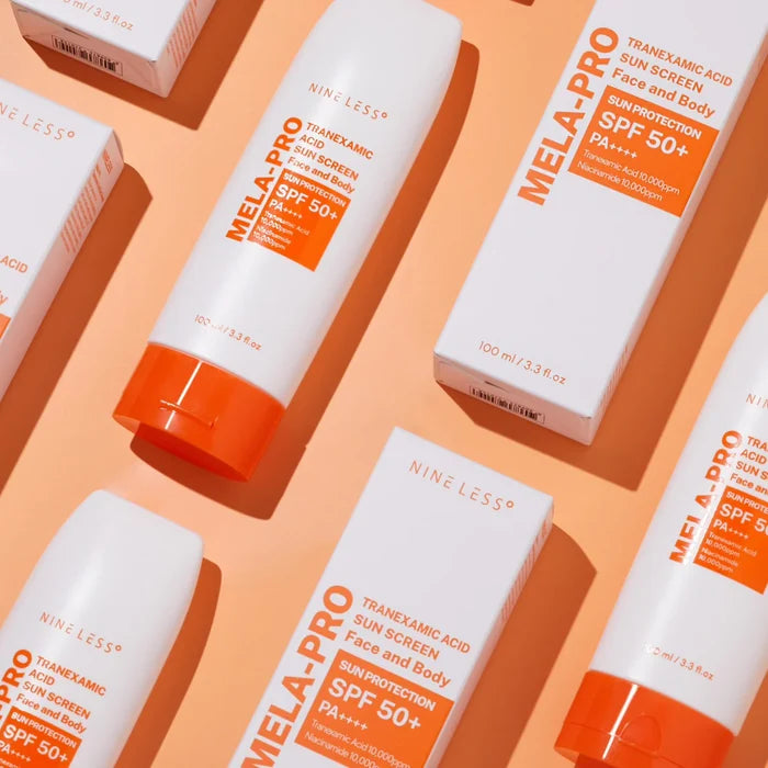 NINELESS mela pro tranexamic acid sunscreen face and body sun protection spf 50 + pa +++ واقي الشمس بالترانزاميك اسد من ناين ليس