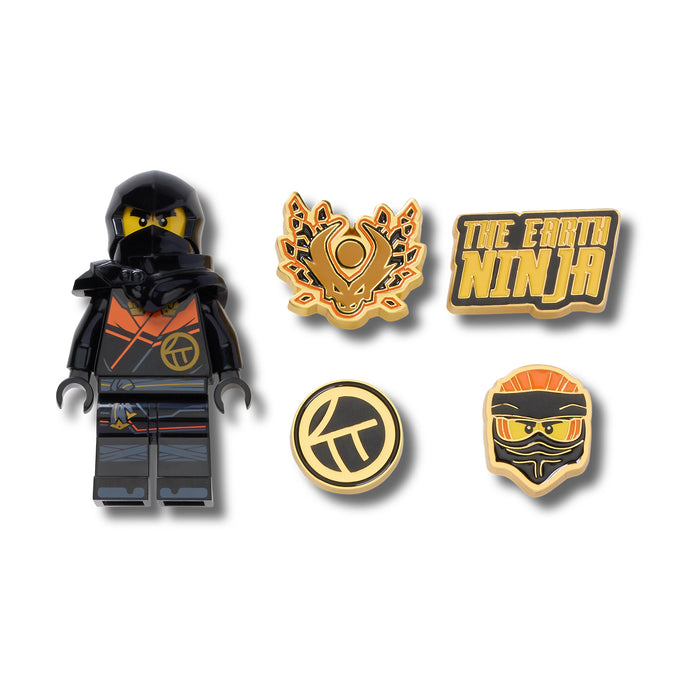 5 LEGO NINJAGO Jibbitz charms: ninja minifigure, crest, Earth Ninja, gold emblem, mask