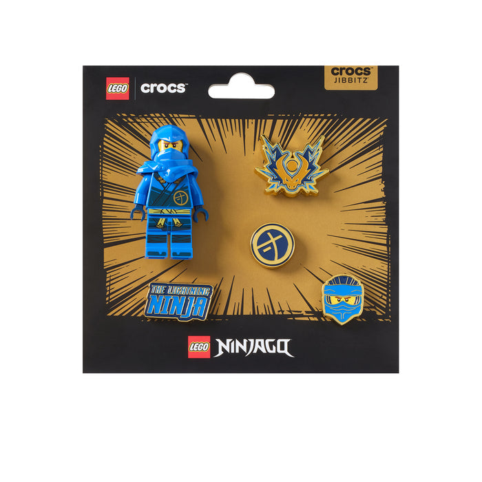LEGO Ninjago Jay 5-pack Jibbitz on card: blue minifig, gold emblem, shield and more