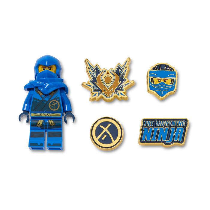 Ninjago Jay Jibbitz set: blue minifig, gold lightning emblem, blue shield and 2 symbols