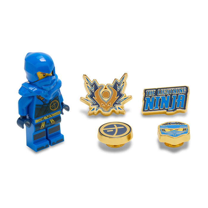 Ninjago Jay Jibbitz set: blue minifig, gold emblem, The Lightning Ninja badge, shield