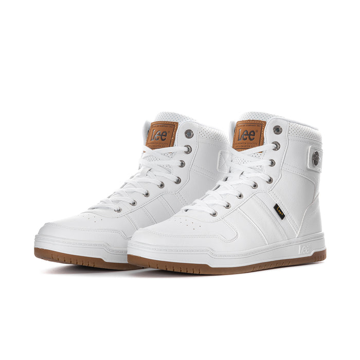 Pair of men's white high-top sneakers with lace-up front and gum sole detail